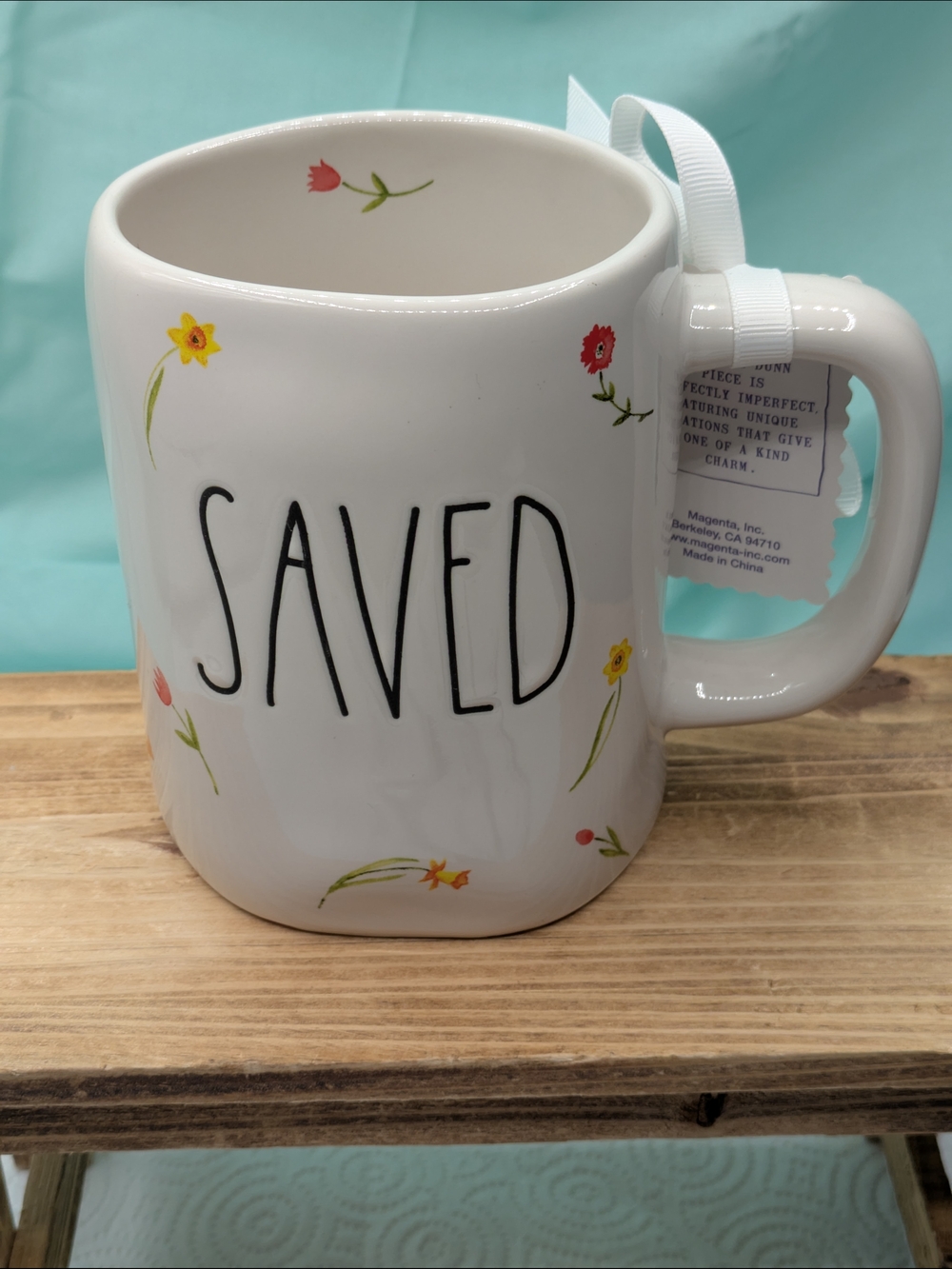 Rae Dunn White Floral "SAVED" Ceramic Mug New